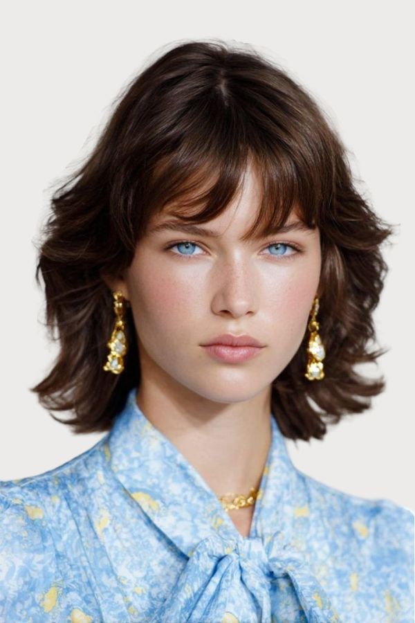 AI model casting — kahve dalgalı bob, mavi bluz