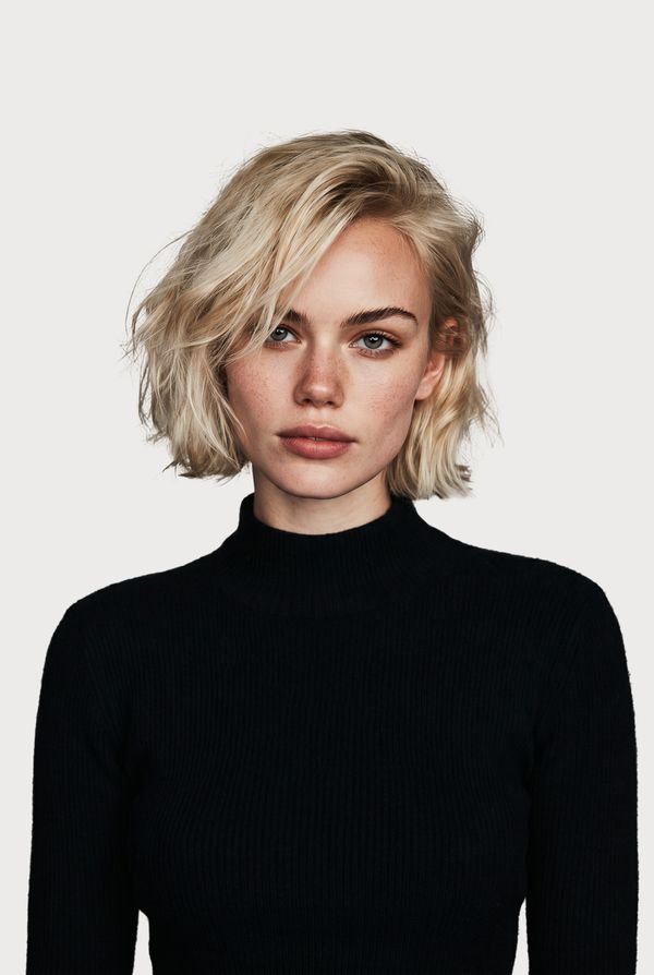AI model casting — sarışın bob, siyah kazak