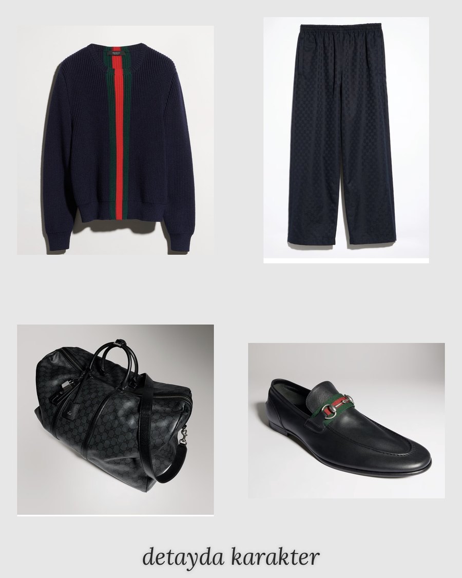 Flat ürün panosu — lacivert hırka, pantolon, spor çanta ve loafer
